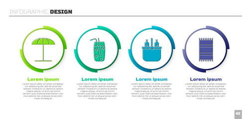 Set Sun protective umbrella for beach, Cocktail and alcohol drink, Cooler bag and water and Beach towel. Business infographic template. Vector © Vadim