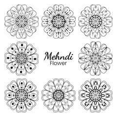 Set of Mehndi flower for henna, mehndi, tattoo, decoration. decorative ornament in ethnic oriental style. doodle ornament. outline hand draw illustration. coloring book page.