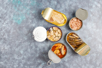 Canned fish in tin cans:Salmon,tuna,mackerel and sprats.
