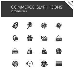 Commerce. Store, tag, wallet, pay, label, money, location and call center group. Isolated icon set. Glyph vector illustration