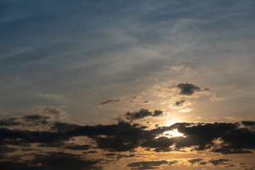 Cloudy sky background. Nature scene. Sunset time