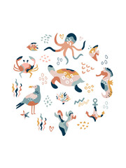 Wall art design, graphic print with boho characters, elements