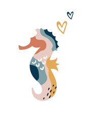 Wall art design, graphic print with boho seahorse and hearts