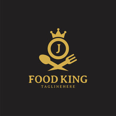 Initial letter J King food Logo Design Template. Illustration vector graphic. Design concept fork,spoon and crown With letter symbol. Perfect for  cafe, restaurant, cooking business