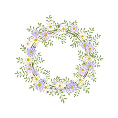 Daisy wreath. Round frame, cute purple and white flowers chamomile with yellow hearts. Festive decorations for wedding, holiday, postcard, poster and design