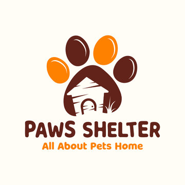 Paws Shelter Vector Pet Logo Design Template. Home Pets Logo Icon. Dog and cat paws logo design inspiration. Cute adorable logo design for your pet business. Pet shop care simple editable EPS logo.