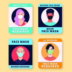 Face mask required sign. Vertical warning signage for restaurant, cafe and retail business. Illustration, vector