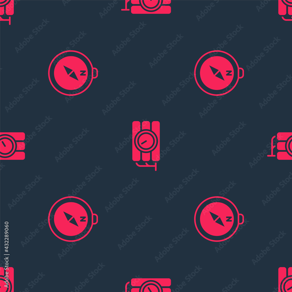 Poster set compass and dynamite and timer clock on seamless pattern. vector