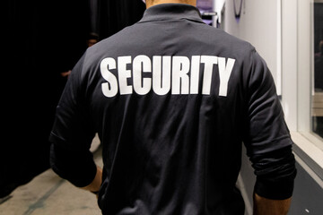 Rear view of security guard in uniform patrolling in commercial mall