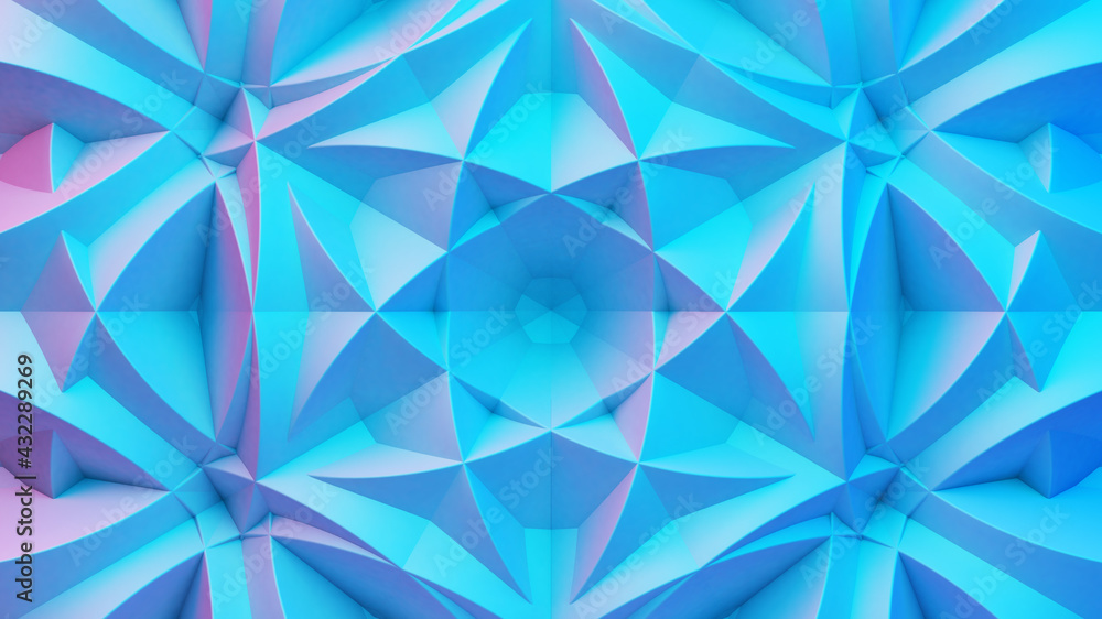 Poster Scientific or technology abstractions with grid surface and surreal symmetric structure or ornament. Abstract background with blue fluorescent and vibrant tech structure. 3D illustration.