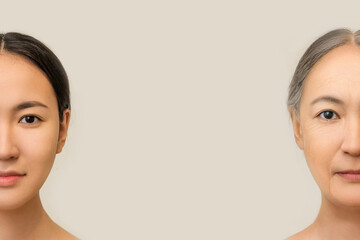 the two halves of the face of a young and old Asian woman before after on a gray background copy the space. the concept of the human skin aging process
