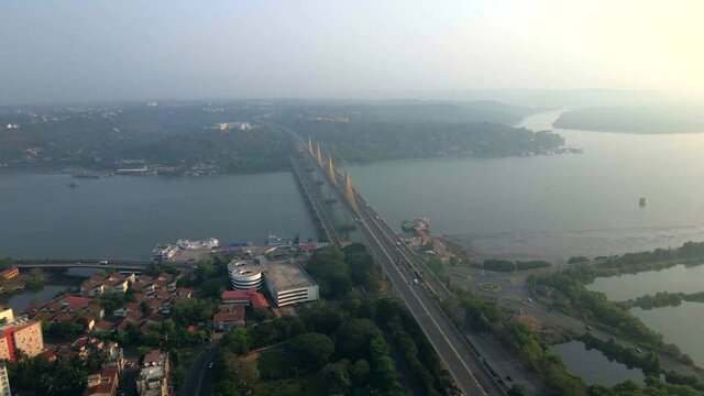Panjim Goa cinematic shot India Panaji bridge Mandovi river orbital shot