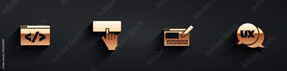 Poster set front end development, keyboard, ui or ux design and icon with long shadow. vector