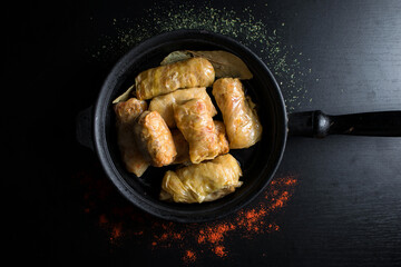 Cabbage rolls with meat, rice and vegetables. Stuffed cabbage leaves with meat. Known as sarma, golubtsy, dolma.