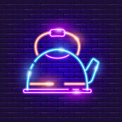 Teapot neon icon. Vector illustration for the design of advertising, website, promotion, banner, brochure, flyer. Concept of Hike, travel, camping.