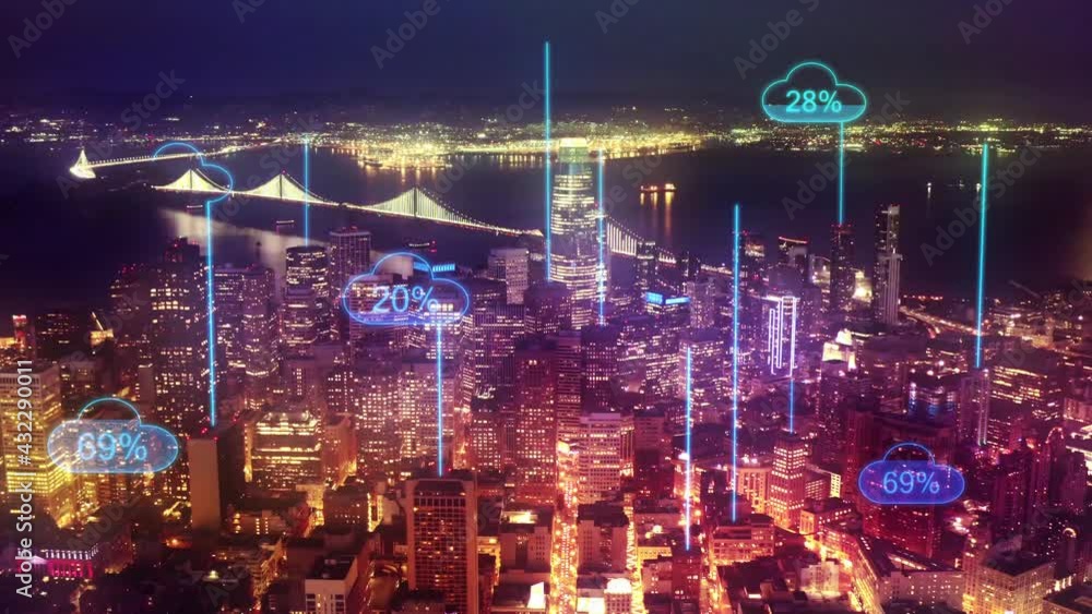 Poster smart city data uploading to cloud database, icons with percentage - 3d animation