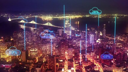 Smart city data uploading to cloud database, icons with percentage - 3d animation - Powered by Adobe