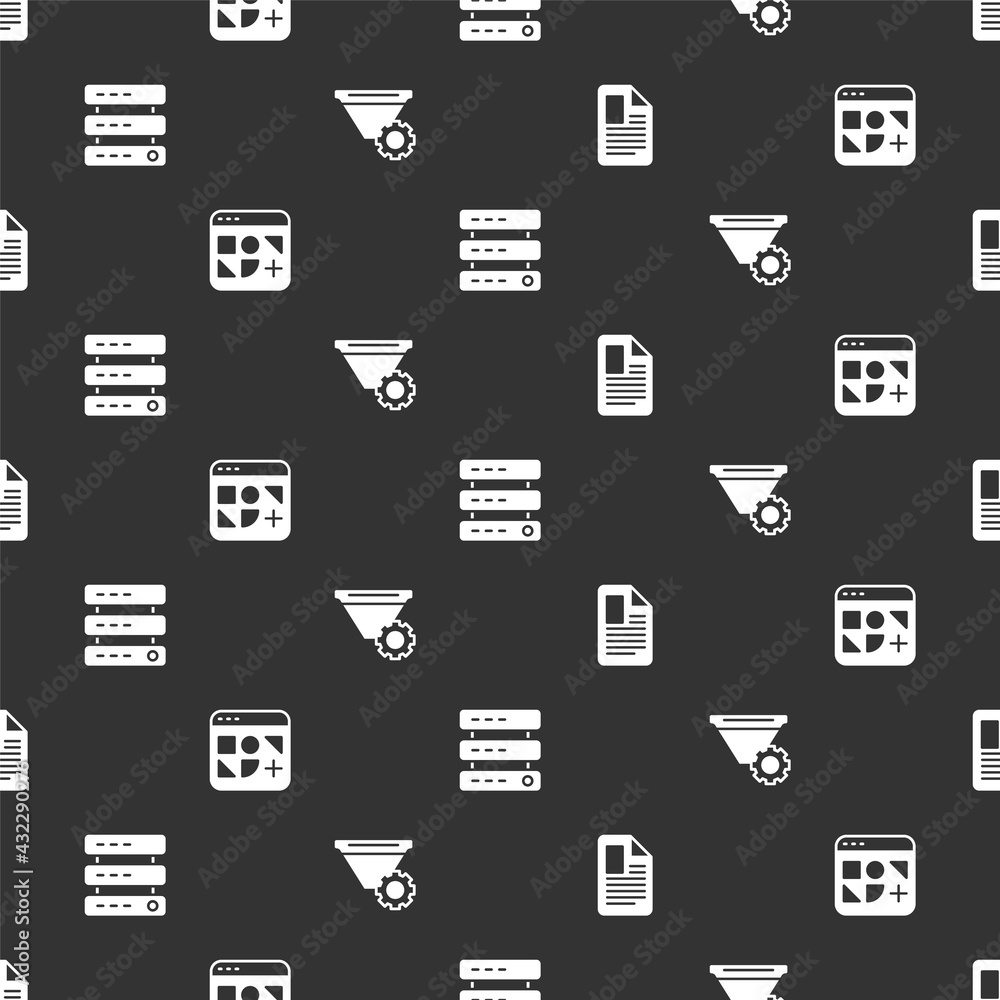 Aufkleber set file document, different files, server, data, web hosting and filter setting on seamless pattern