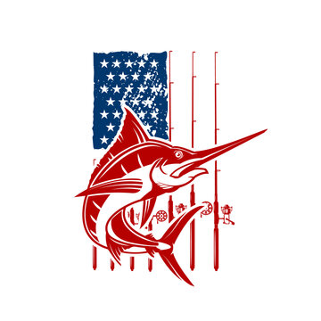 American flag with  swordfish illustration. Design element for poster, card, banner, t shirt. Vector illustration