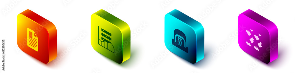 Poster set isometric file document, server, data, web hosting, hangar with servers and stream icon. vector