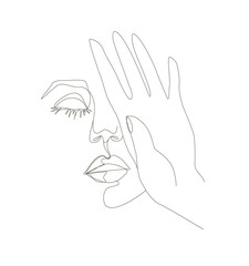 One line woman face and hand. Beauty portrait in linear style. 