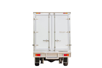 Rearview white delivery van with clipping path on white background, Cargo van delivery truck vehicle template mockup © JU.STOCKER