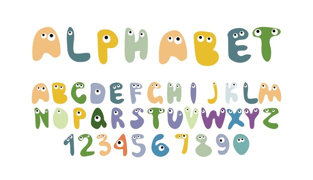 Hand-drawn alphabet in a crude, primitive style cute monsters with eyes random pastel colors. Simple vector illustration