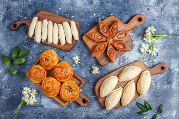 Traditional Azerbaijan holiday Novruz sweets,shekerbura,qogal,paxlava,mutaki.