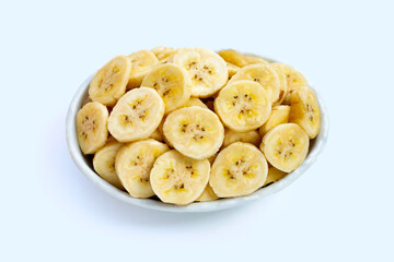Banana slices in white bowl on white