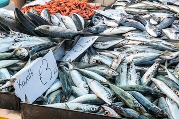 Malta, Marsaxlokk, August 2019. Sea fish with price tags in the local market.