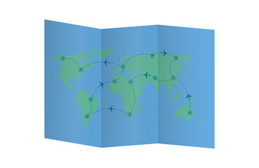 Open paper map with flight route. Paper map with the route of tourist travel by plane. Round-the-world tourism. Vector