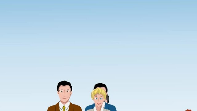Large diverse group of business executives approaching walking towards the camera led by a smiling woman. Cartoon, animated illustration