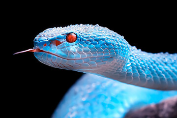 Exotic blue insularis viper venomous snake isolated close up in dark black background