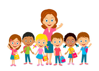 cute cartoon kids and teacher