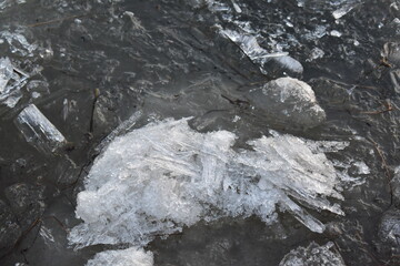 Early spring. Ice on the river during an ice drift close-up.