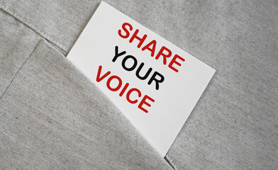 share your voice written over sticky note ina pocket