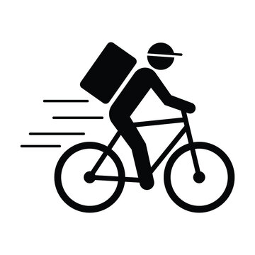 Courier Delivery By Bicycle Icon, Shipping Fast Deliveryman Riding Bike Symbol, Pictogram Flat Design For Apps And Websites, Track And Trace Processing Status, Vector Illustration