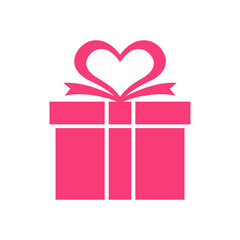 Gift box icon with bow in shape of heart, Love greeting template for couples, Valentine's day and wedding, Flat design symbol, Vector illustration