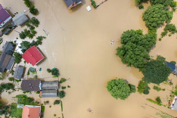 Aerial view of flooded houses with dirty water of Dnister river in Halych town, western Ukraine.