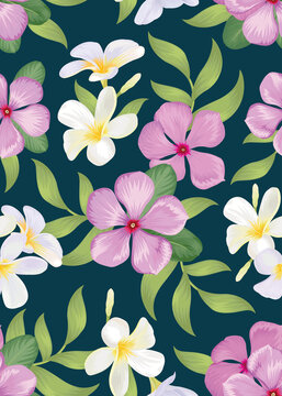 Seamless pattern of Vinca and plumeria flower background template. Vector floral element set for wedding invitations, greeting card, brochure, banners and fashion design.