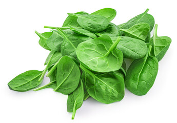 Spinach leaves isolated on white background. Pile of fresh green baby spinach Top view. Flat lay.