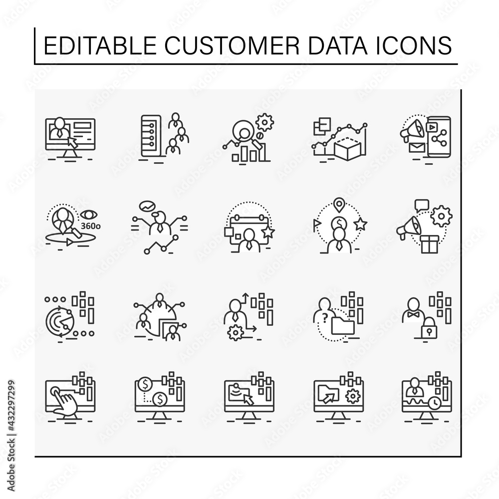 Poster customer data platform line icons set. consists of real-time data, behavioral, marketing companies e