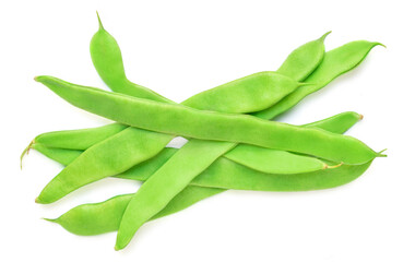 Green beans isolated on a white background. Fresh pea pods. Top view. Flat lay