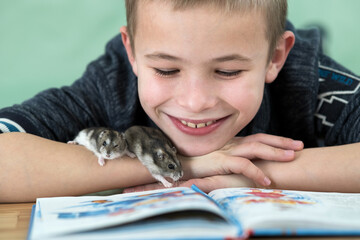 Close up portrait of smiling little boy reading book with small pet hamsters. Concept of studying...