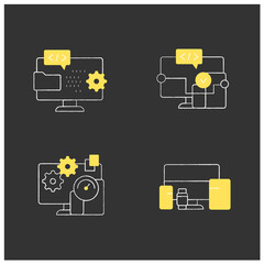 Cross platform chalk icons set. Programming environment. Software, applicationtesting, devices. Digitalization concept.Isolated vector illustrations on chalkboard