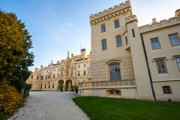 Fototapeta premium Green gardens in Lednice castle Chateau yard in Moravia, Czech Republic. UNESCO World Heritage Site.