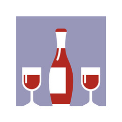 A bottle of red grape wine with two glasses. A pleasant alcoholic drink. Flat illustration.