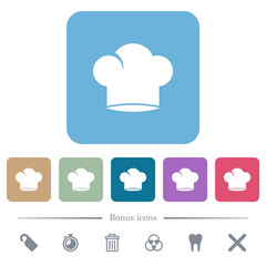 Chef hat flat icons on color rounded square backgrounds