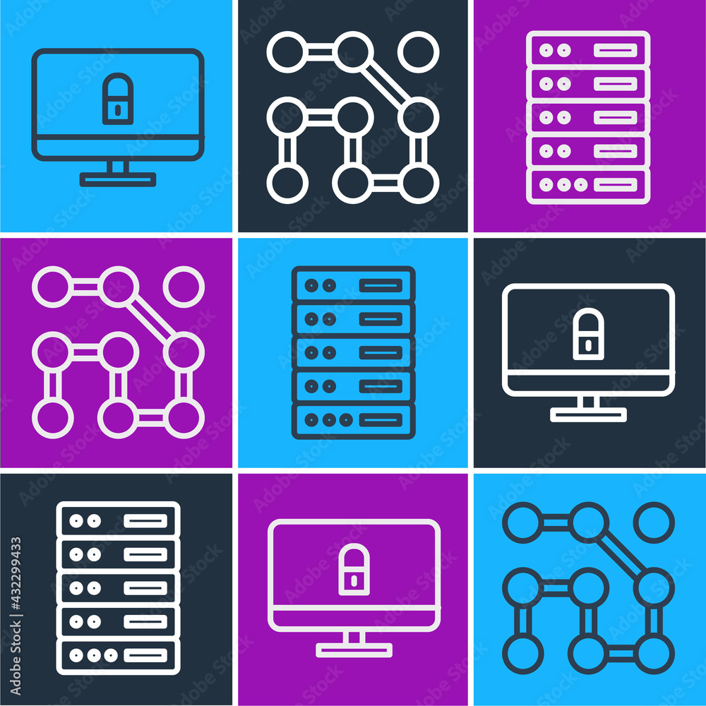 Poster set line lock on computer monitor, server, data, web hosting and graphic password protection icon. v