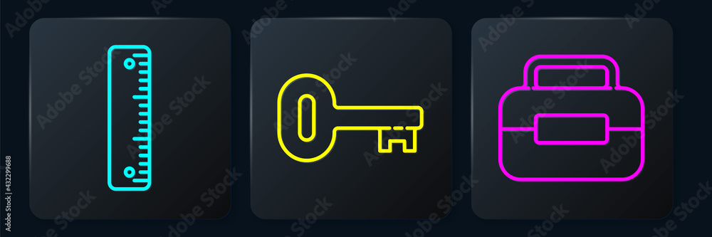 Poster set line ruler, toolbox and old key. black square button. vector